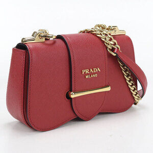 PRADA cross body shoulder bag chain strap Saffiano leather red